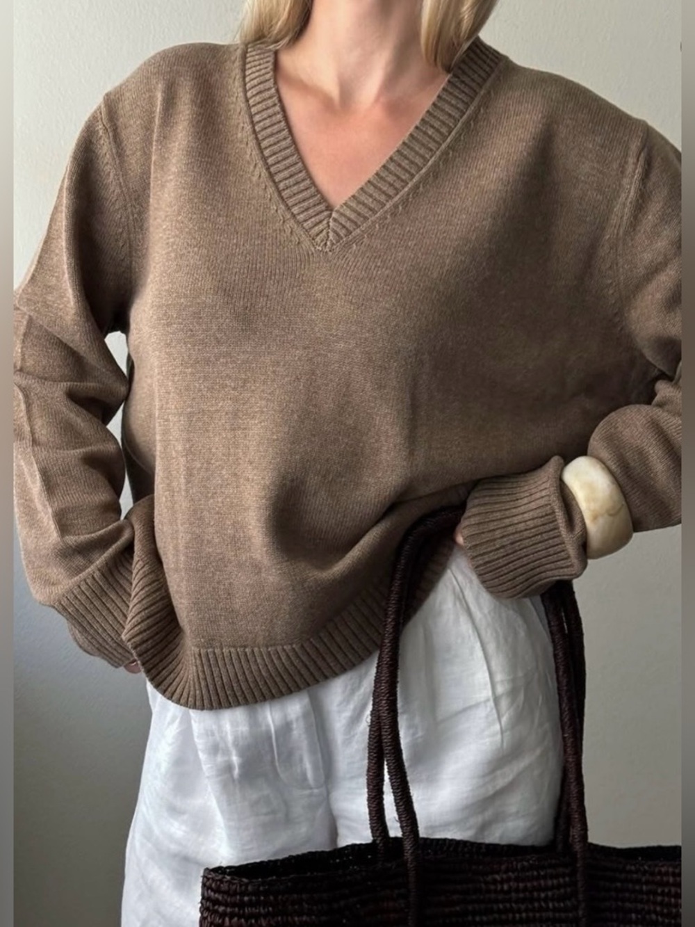 NWOT Jenni Kayne Simone V-Neck Sweater S Cotton Merino Oversized Neutrals Spring